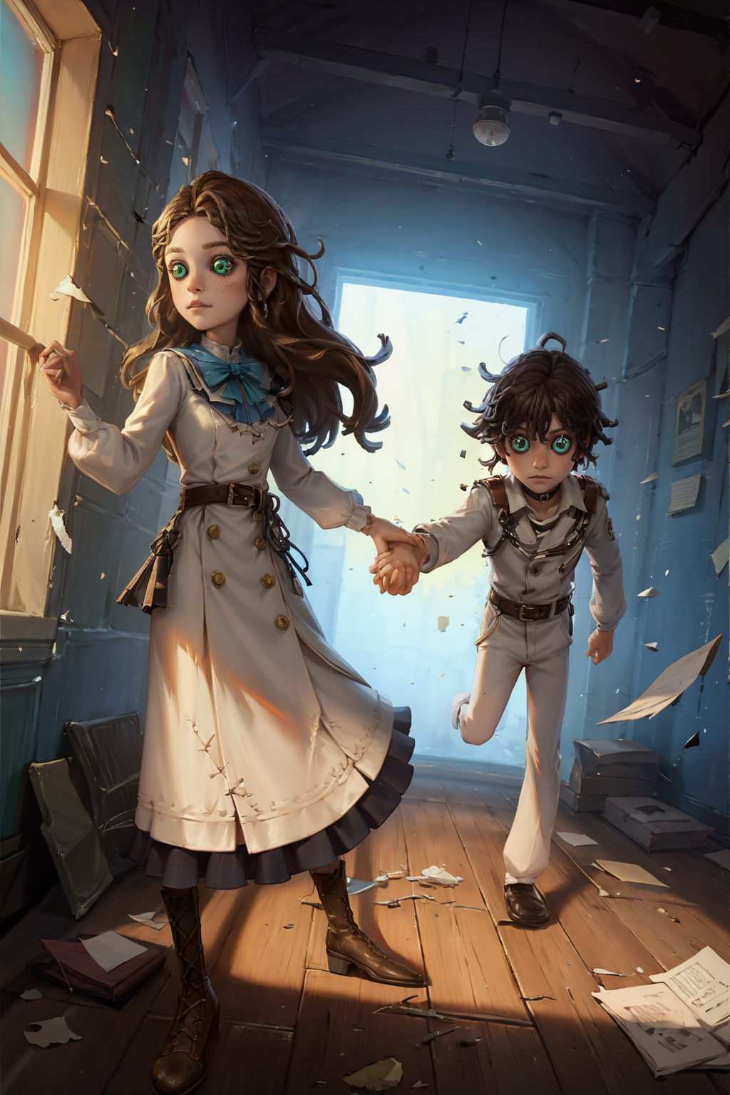 11162-1685513836-HEZI, the fifth personality, 1girl, button eyes, dress, doll, brown hair, long hair, holding hands, 1boy, boots, belt, brown foo.png